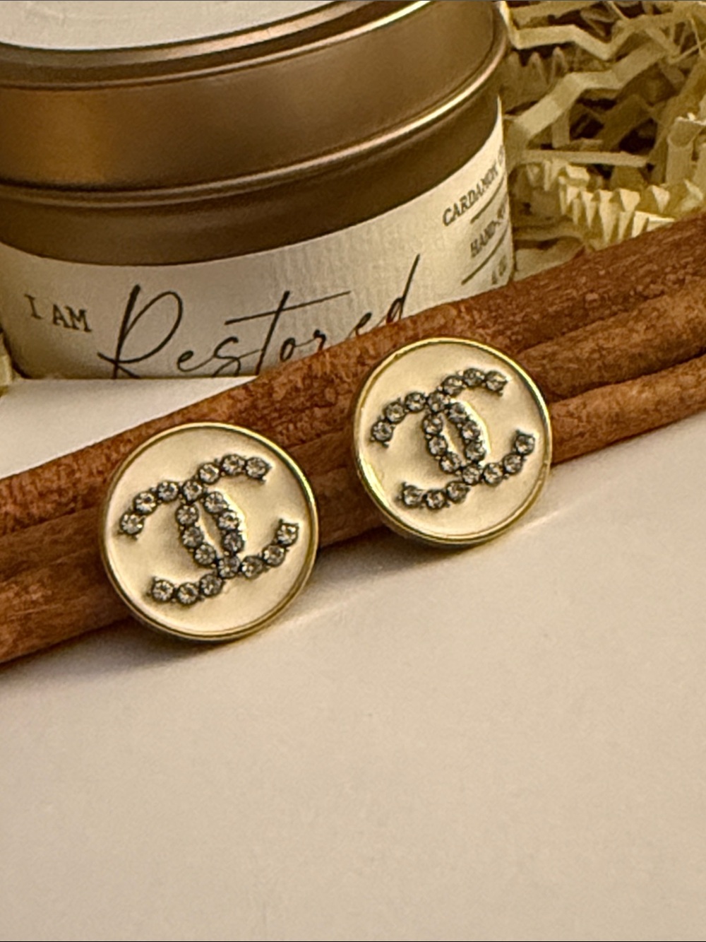 Fashion Jewelry Cream and Gold Crystal Logo Stud Earrings